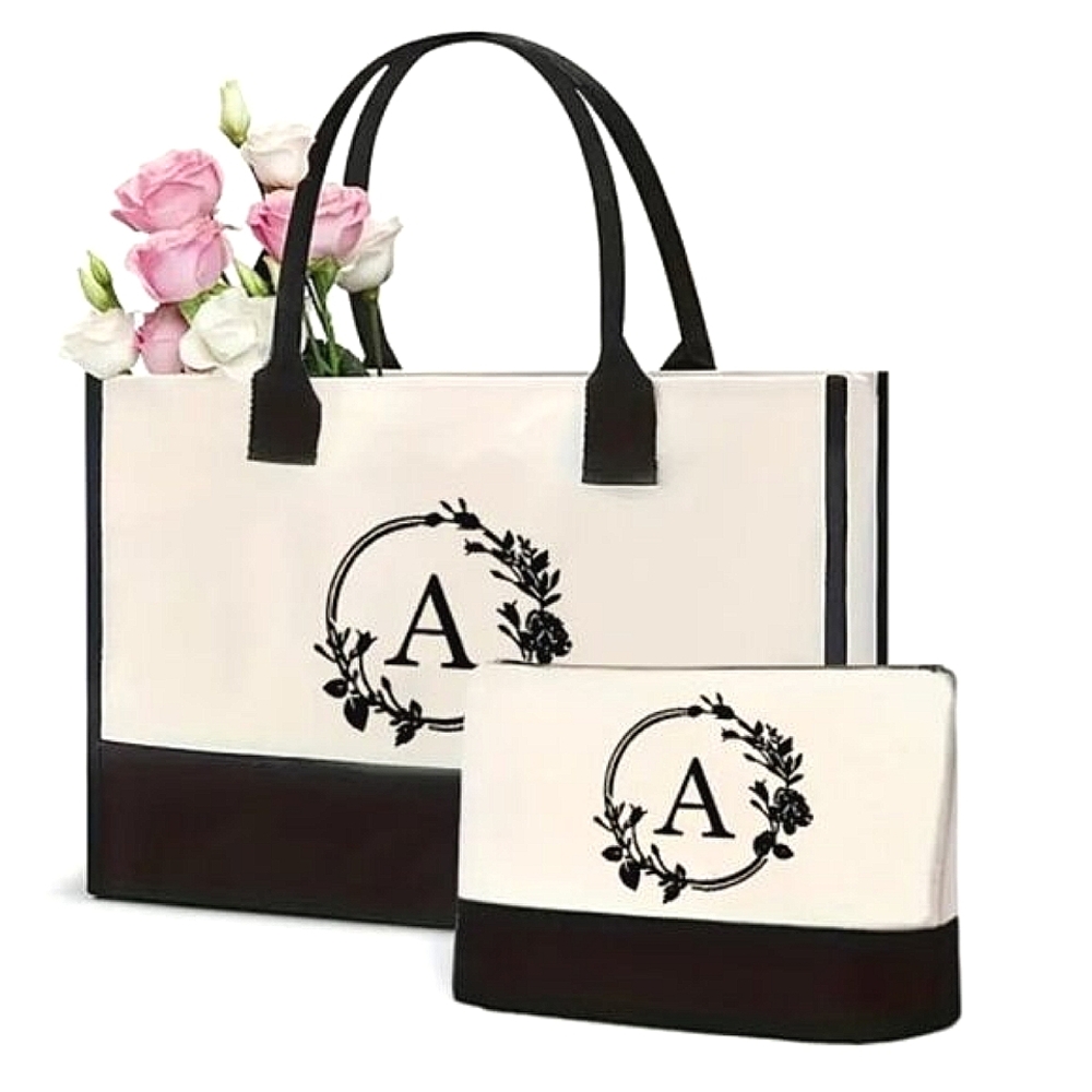 New! LARGE Initial A Monogram Canvas Tote bag set with Makeup Bag Travel Beach
